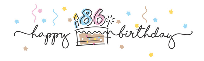86th Birthday handwritten typography lettering Greeting card with colorful big cake, number, candle and confetti