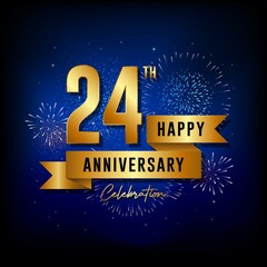 24th anniversary logo with golden ribbon for booklets, leaflets, magazines, brochure posters, banners, web, invitations or greeting cards. Vector illustrations.