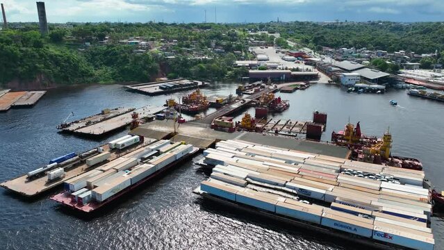 Manaus Brazil. Panoramic aerial landscape of Ceasa port at downtown Manaus Brazil. Infrastructure scenery aerial view. Manaus Brazil. Port of Ceasa at cityscape Manaus Brazil.