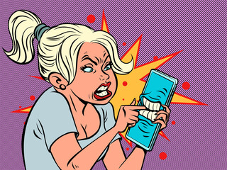 The mobile phone bit the woman's finger. Beautiful girl uses a smartphone, touchscreen phone screen