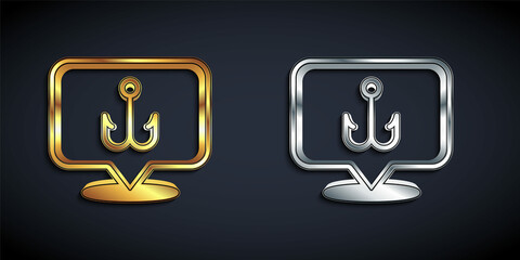 Gold and silver Fishing hook icon isolated on black background. Fishing tackle. Long shadow style. Vector