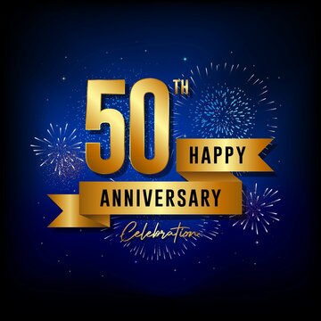 50th anniversary logo with golden ribbon for booklets, leaflets, magazines, brochure posters, banners, web, invitations or greeting cards. Vector illustrations.