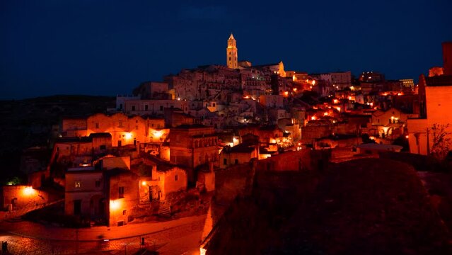 Matera, Italy, time lapse of the blue hour on Sassi landscape