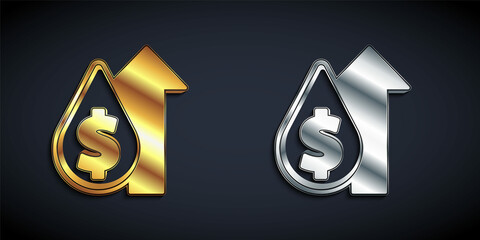 Gold and silver Oil price increase icon isolated on black background. Oil industry crisis concept. Long shadow style. Vector