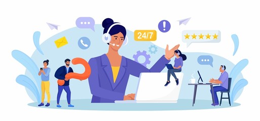 Fototapeta premium Customer support. Contact us. Woman with headphones and microphone with laptop talking with clients. Personal assistant service, hotline operator advises customer, online global technical support