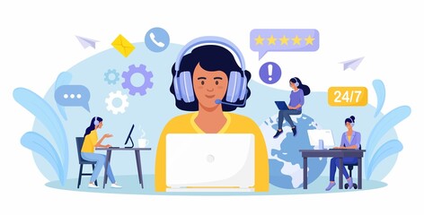 Customer support. Contact us. Woman with headphones and microphone with laptop talking with clients. Personal assistant service, hotline operator advises customer, online global technical support