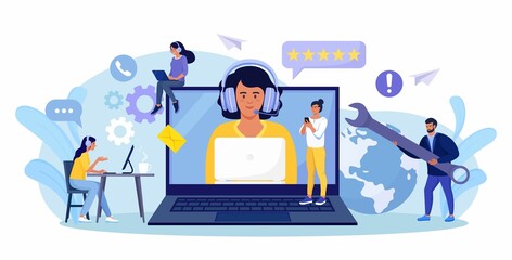Customer support. Contact us. Woman with headphones and microphone talking with clients on laptop screen. Personal assistant service, hotline operator advises customer, online global technical support