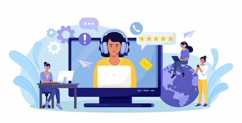 Customer support. Contact us. Woman with headphones and microphone talking with clients on computer screen. Personal assistant service, hotline operator advises customer, online technical support