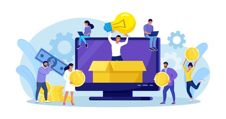 Crowdfunding. Startup investment. Online service project to support, donate or collective raise money for new ideas. Crowdsourcing project, alternative financing. People putting money in donation box