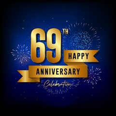 69th anniversary logo with golden ribbon for booklets, leaflets, magazines, brochure posters, banners, web, invitations or greeting cards. Vector illustrations.
