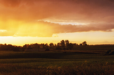 Naklejka na ściany i meble field near village with sunset