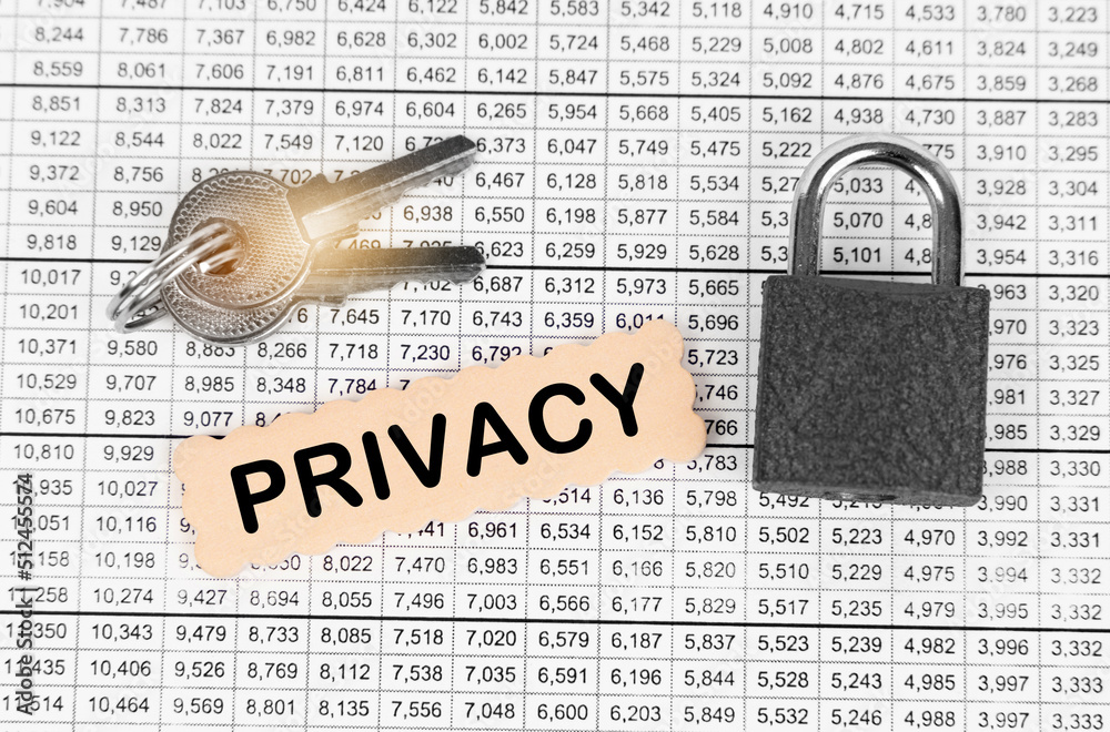 Poster against the background of a table with reports, a lock, keys and a sign with the inscription - priva