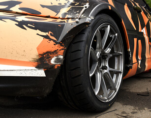 Alloy wheel with calipers and racing brakes of the sport car. Racing brake disc and low profile...