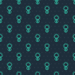 Green line Light bulb with dollar symbol icon isolated seamless pattern on blue background. Money making ideas. Fintech innovation concept. Vector