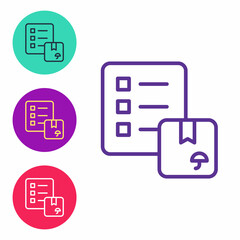 Set line Verification of delivery list clipboard icon isolated on white background. Set icons colorful. Vector