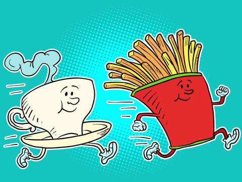 A hot cup of coffee or tea and french fries. Fast food characters running, doing sports