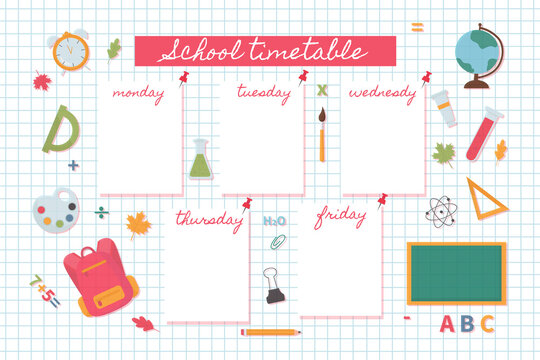 Back to the school schedule template vector. Various school supplies line, globe, pencil, paperclip, backpack. Bright background for the school schedule. - Powered by Adobe