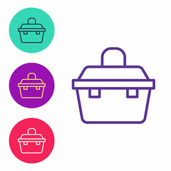 Set line Case or box container for wobbler and gear fishing equipment icon isolated on white background. Fishing tackle. Set icons colorful. Vector