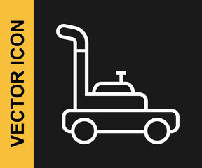 White line Lawn mower icon isolated on black background. Lawn mower cutting grass. Vector