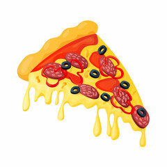 Vector isolated illustration with a triangular slice of pizza on tomato sauce with a stretching mozzarella cheese, salami sausage, bell pepper, olives. The concept of food, snacks, fast food, etc.