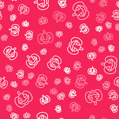 White line Pumpkin icon isolated seamless pattern on red background. Happy Halloween party. Vector