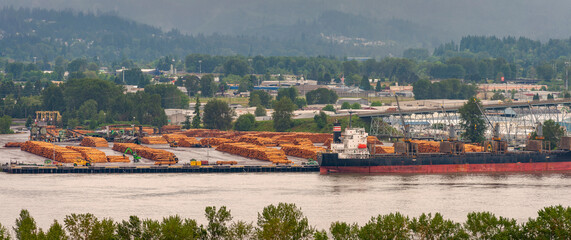 Columbia River at Longview, Washington. Large ship anchored in the Columbia River on a highly...
