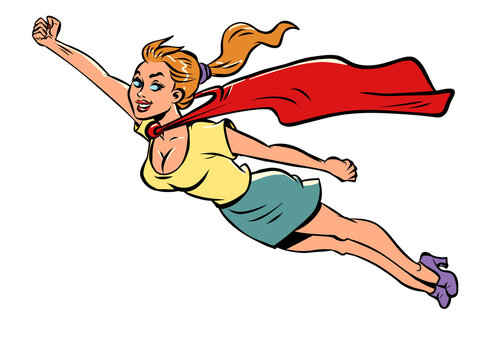 female superhero, girl in red cape flying, help, feminism female power