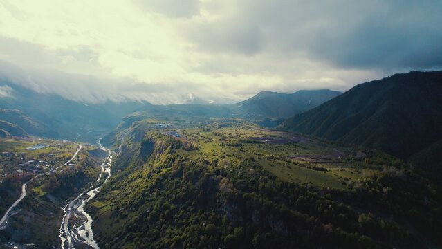 majestic view of green Caucasus mountains in Georgia, Europe. drone shot. High quality photo