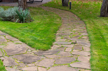 Obraz premium Pathway of natural stone in landscape design in the park