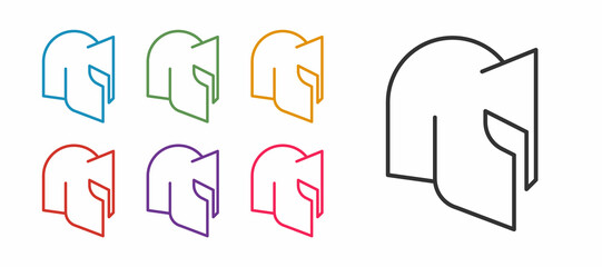 Set line Medieval iron helmet for head protection icon isolated on white background. Knight helmet. Set icons colorful. Vector