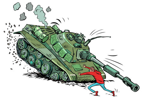 The man stops the tank. Peaceful citizens against military aggression and dictatorship. Protest