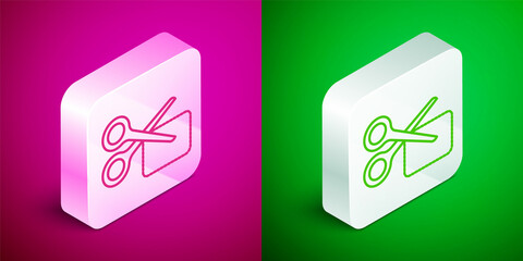 Isometric line Scissors cuts discount coupon icon isolated on pink and green background. The concept of selling in an online supermarket at low prices or half the cost. Silver square button. Vector