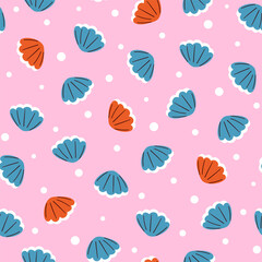 Cute summer marine print with colorful seashells on pink background. Funny vector seamless pattern with coral reef shells for kids textile, apparel, wrapping paper