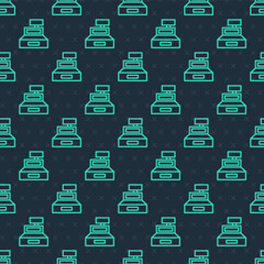 Green line Cash register machine with a check icon isolated seamless pattern on blue background. Cashier sign. Cashbox symbol. Vector