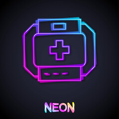 Glowing neon line First aid kit icon isolated on black background. Medical box with cross. Medical equipment for emergency. Healthcare concept. Vector