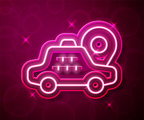 Glowing neon line Map pointer with taxi car icon isolated on red background. Location symbol. Vector