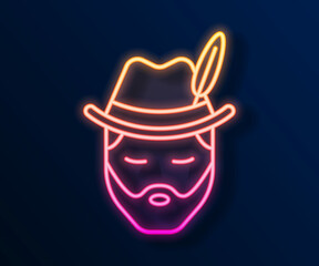 Glowing neon line Man dressed for German Oktoberfest icon isolated on black background. Vector