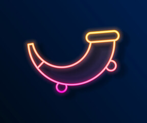 Glowing neon line Hunting horn icon isolated on black background. Vector
