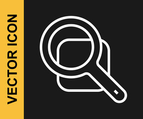 White line Magnifying glass icon isolated on black background. Search, focus, zoom, business symbol. Vector