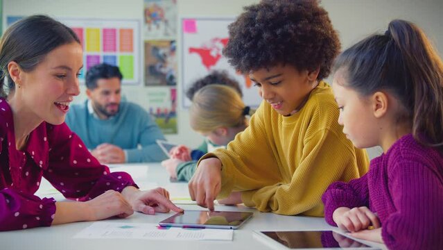 Elementary school students with female teacher using digital tablets in classroom lesson - shot in slow motion