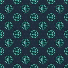 Green line Basketball ball icon isolated seamless pattern on blue background. Sport symbol. Vector