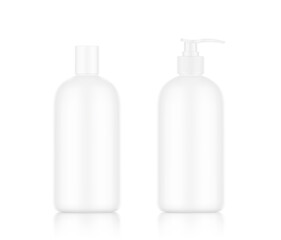 Realistic bottle with flat cap and  dispenser mockup. Vector illustration isolated on white background. Perfect for presenting your design. EPS10.	