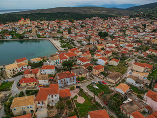 Fototapeta na wymiar Aerial panoramic view from the picturesque fishing village of Galaxidi or Galaxeidi. It is a famous coastal village and a former municipality in the southern part of Phocis, Greece, Europe