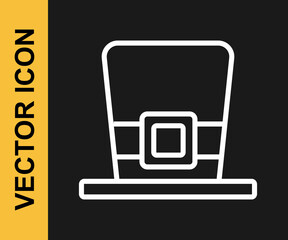 White line Leprechaun hat icon isolated on black background. Happy Saint Patricks day. National Irish holiday. Vector