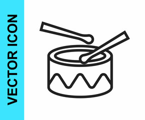 Black line Drum with drum sticks icon isolated on white background. Music sign. Musical instrument symbol. Vector