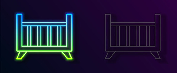 Glowing neon line Baby crib cradle bed icon isolated on black background. Vector