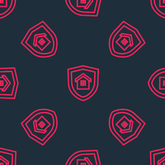 Red line House with shield icon isolated seamless pattern on black background. Insurance concept. Security, safety, protection, protect concept. Vector