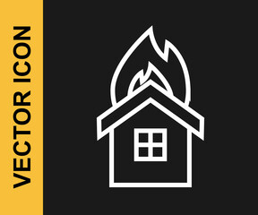 White line Fire in burning house icon isolated on black background. Insurance concept. Security, safety, protection, protect concept. Vector
