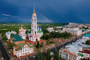 Rainbow over the city of Tambov, aerial view