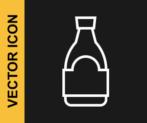 White line Soy sauce bottle icon isolated on black background. Vector